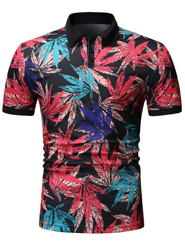 Maple Leaf Print Half Button Short Sleeve T Shirt