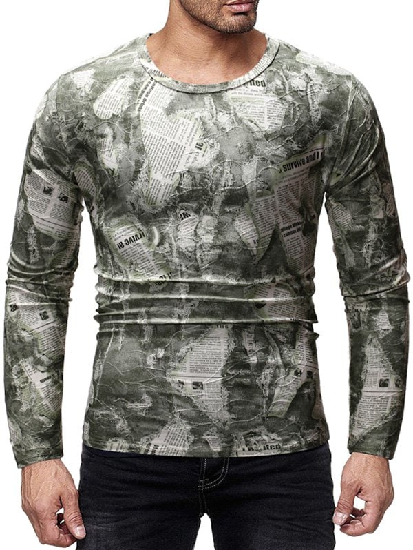 Vintage Newspaper Print Long-sleeved T-shirt