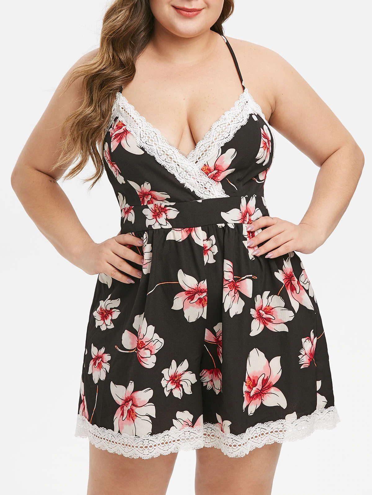 Plus Size Lace Insert Floral Print Crisscross Romper