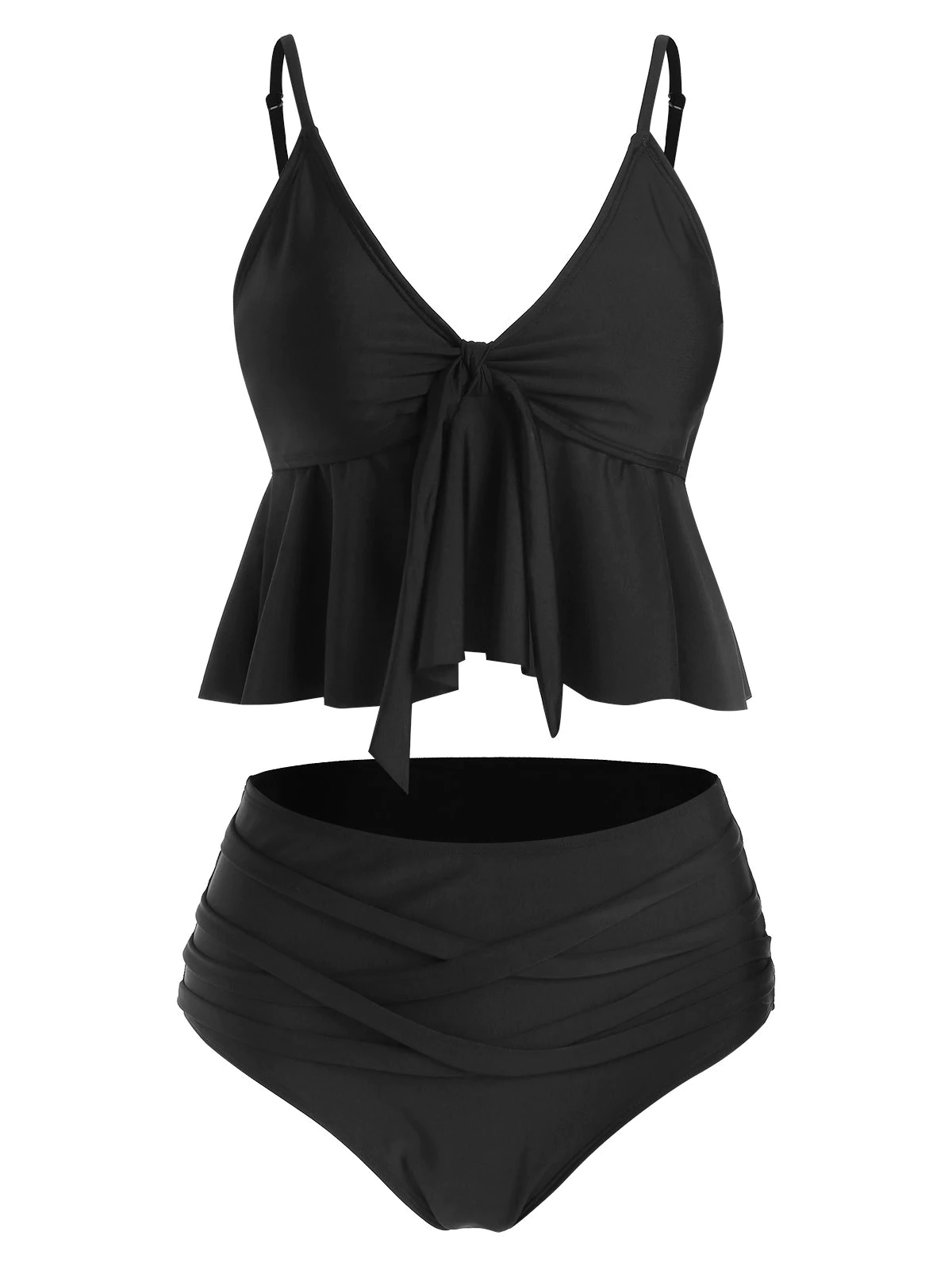 Knot Front Skirted High Waisted Tankini Swimwear