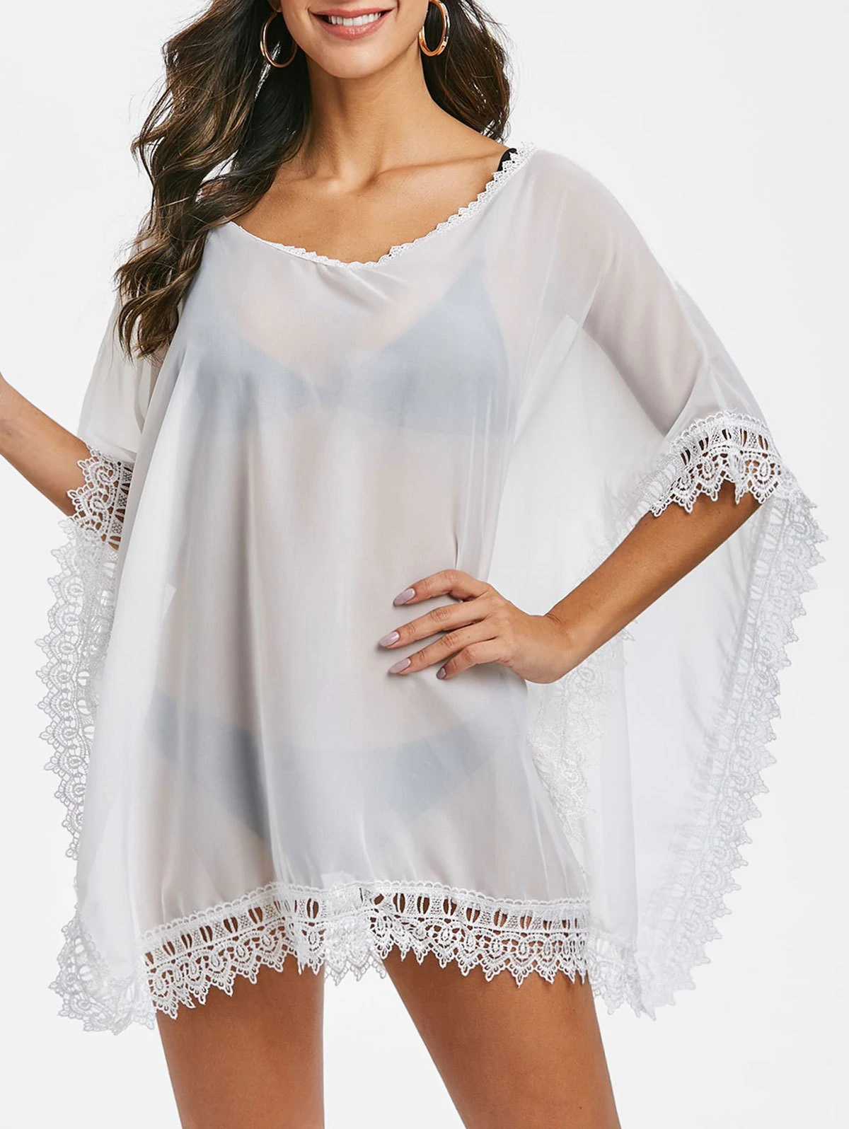 Lace Panel V Neck Asymmetric Cover Up