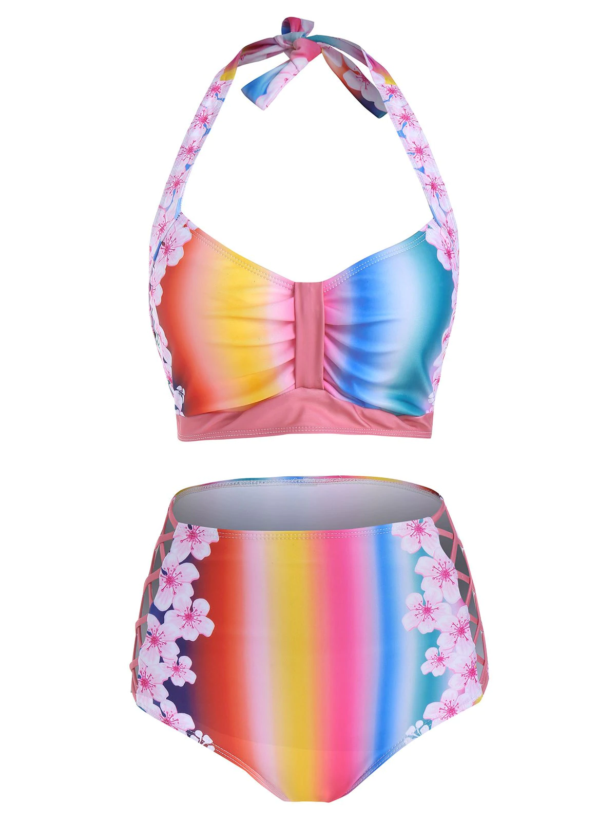 Rainbow Flower Print Halter Padded Bikini Swimsuit