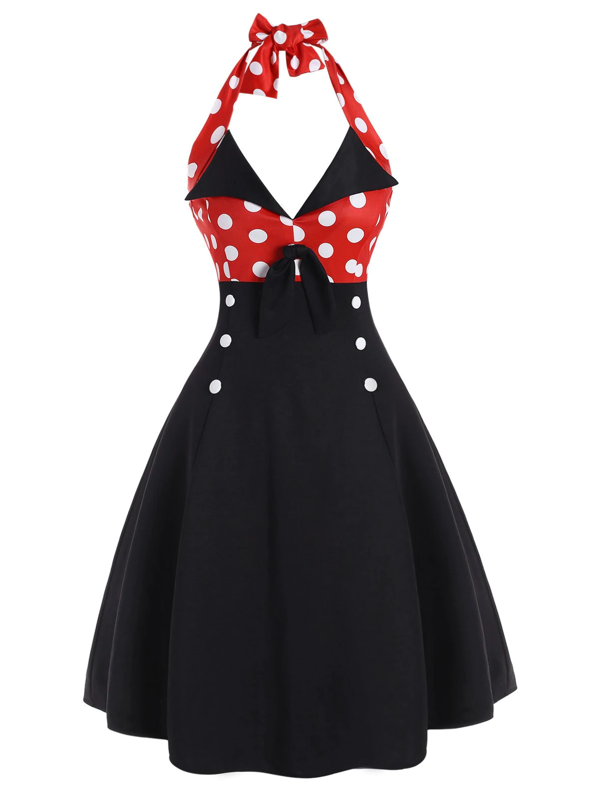 Polka Dot Halter Button Embellished Backless Dress