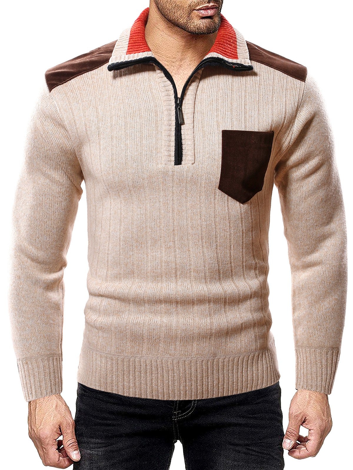 Color Spliced Pocket Casual Sweater