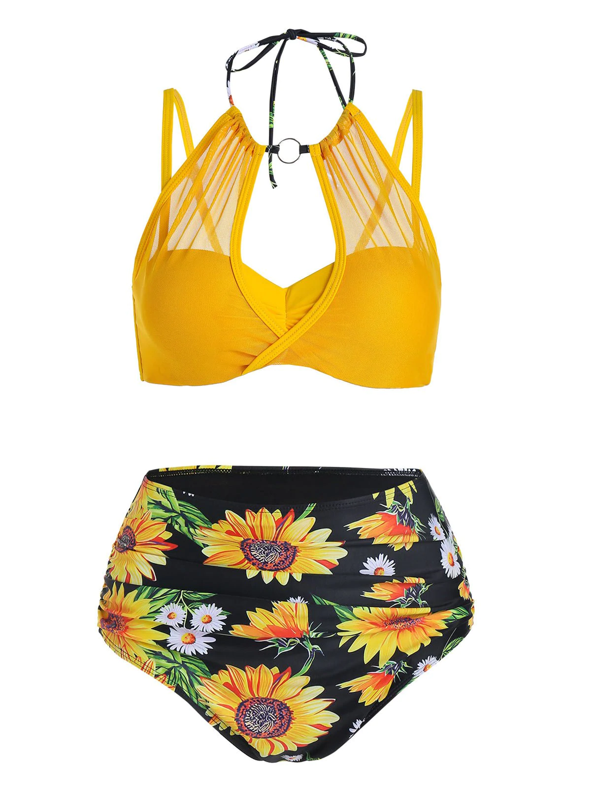 Sunflower Print Mesh Insert Bikini Swimwear