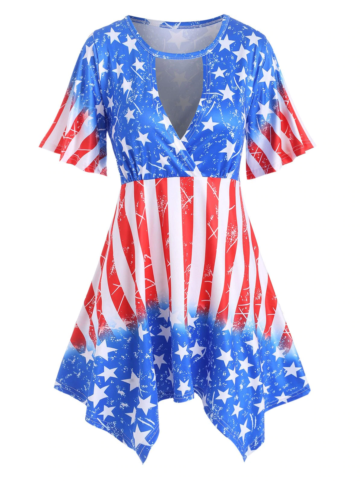 Surplice-front Destroyed American Flag Plus Size Asymmetric Top