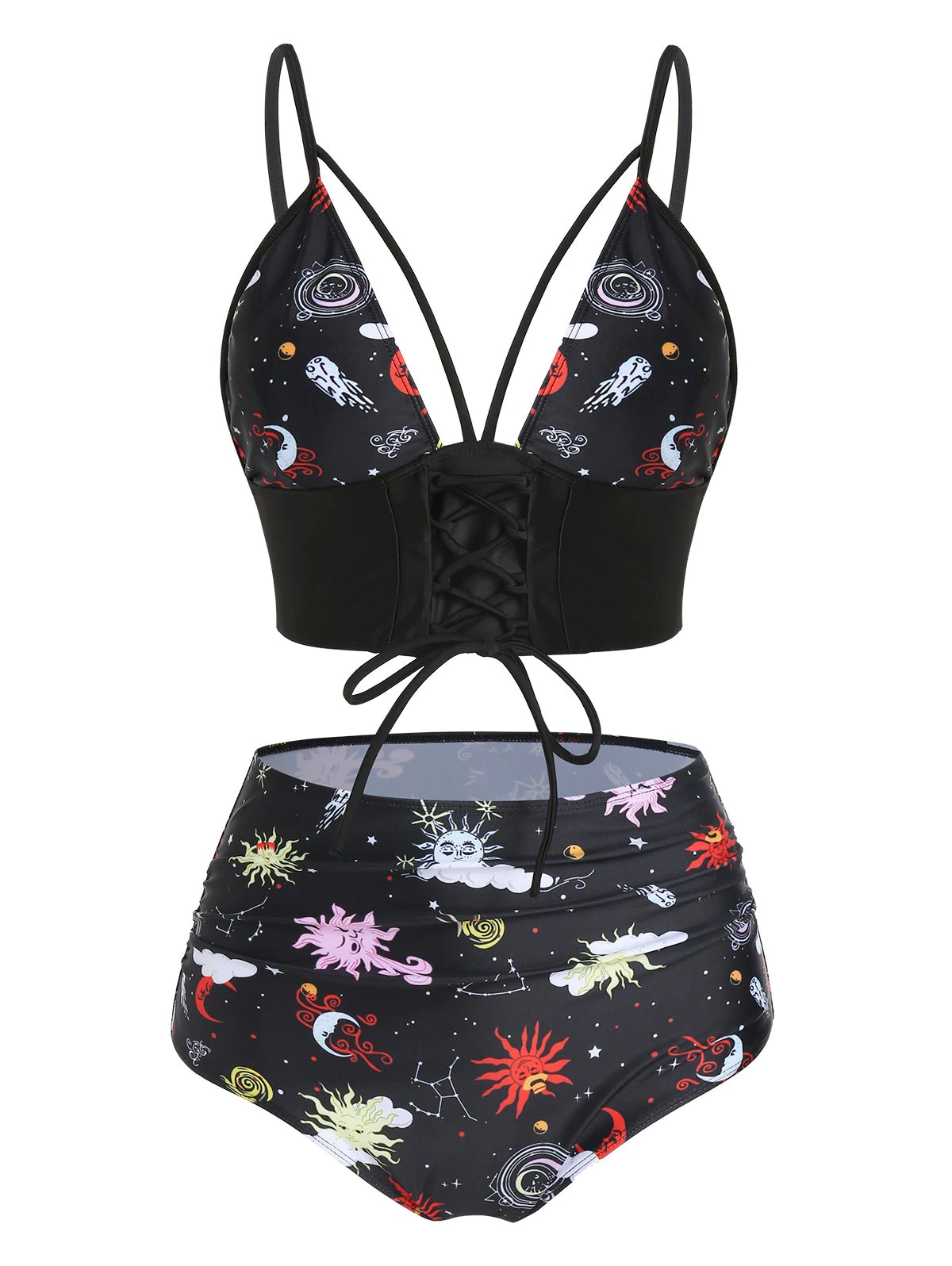 Sun Moon Star Print Lace-up Padded Bikini Set