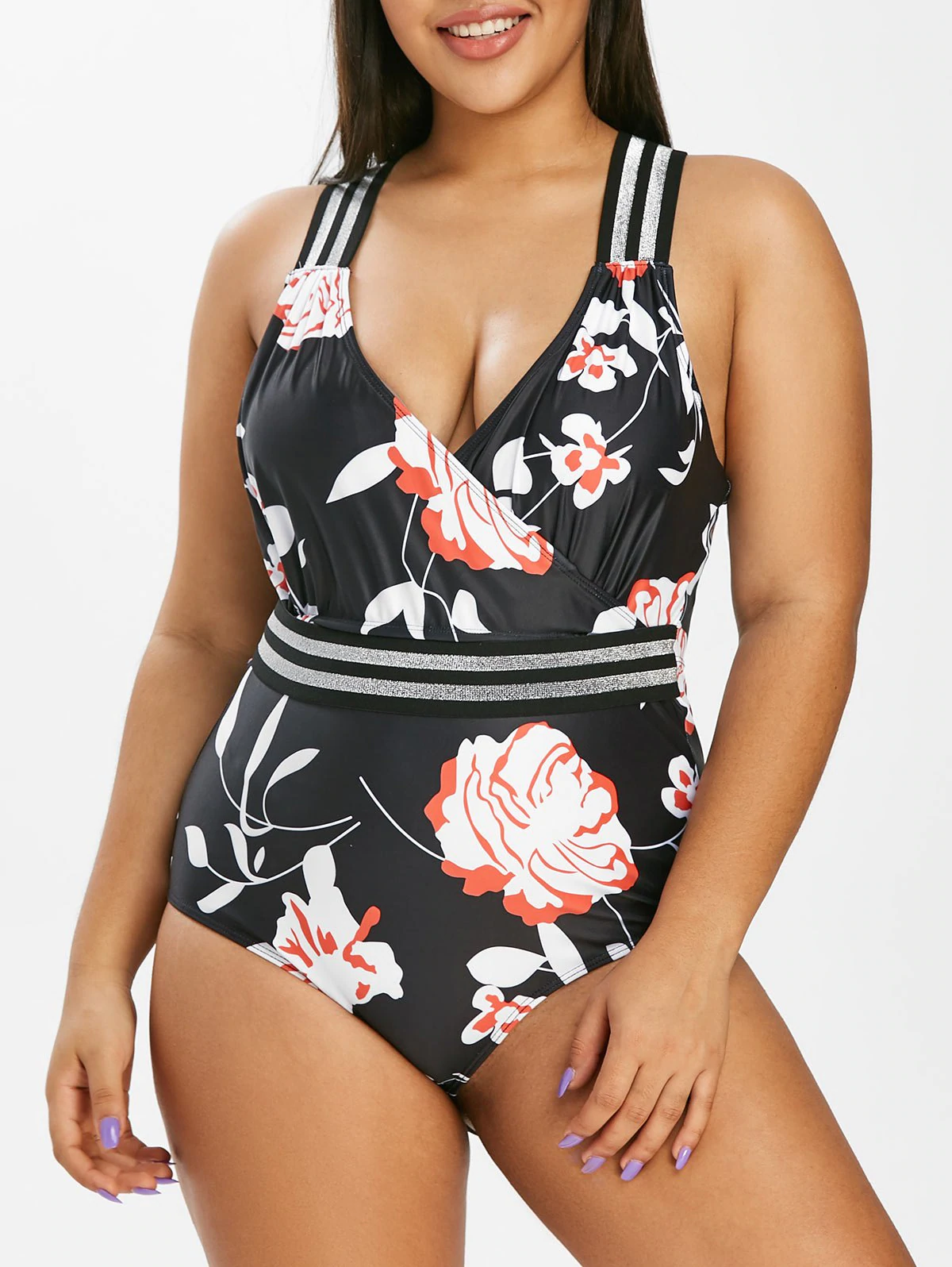 Plus Size Floral Print Crisscross One-piece Surplice Swimsuit