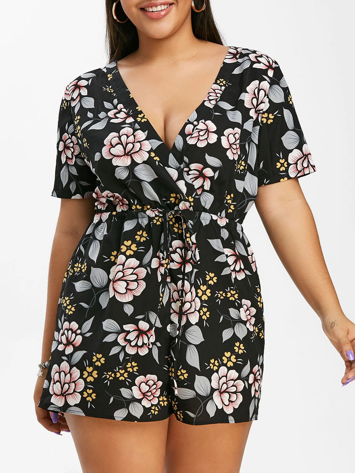 Plus Size Drawstring Floral Print Surplice Romper