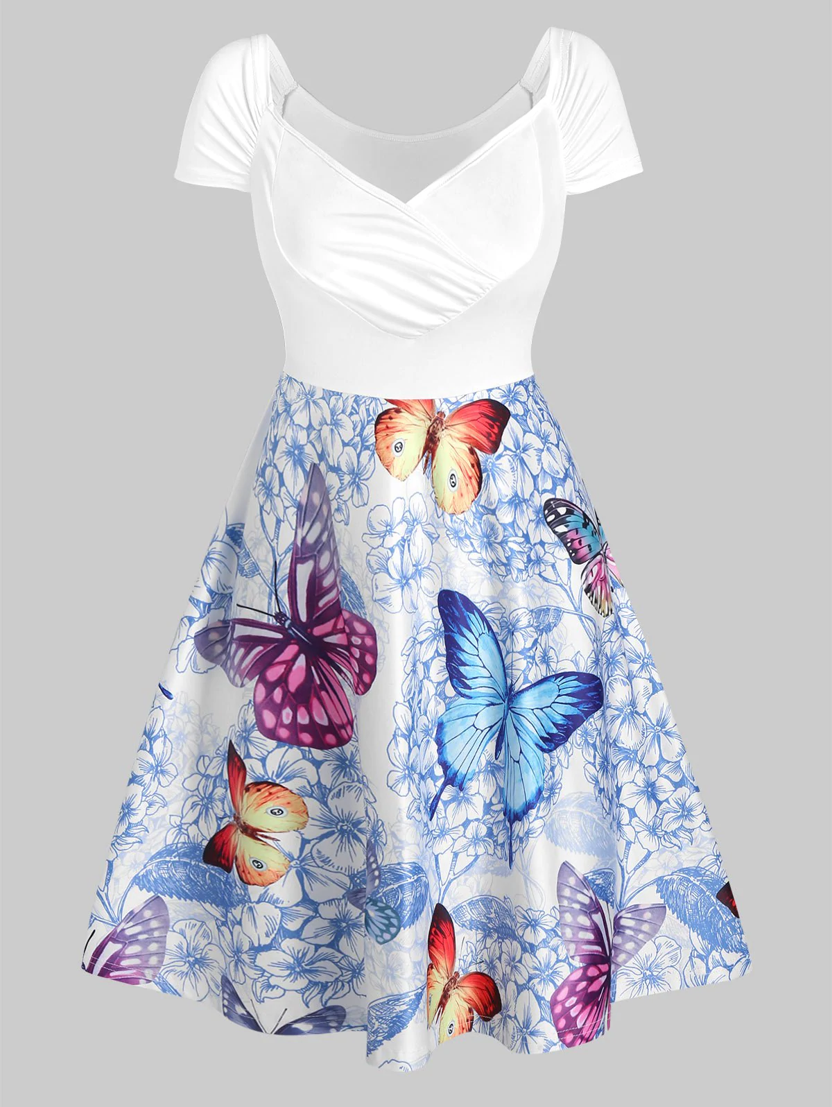 Butterfly and Flowers Print Ruched Flare Dress