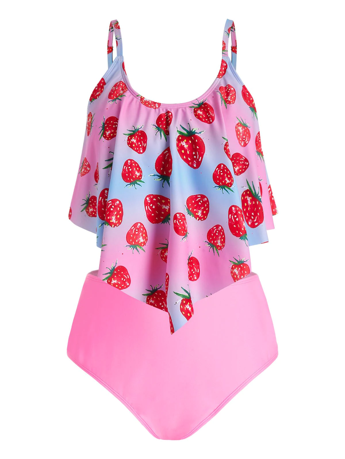 Plus Size Strawberry Print Overlay Tankini Swimwear