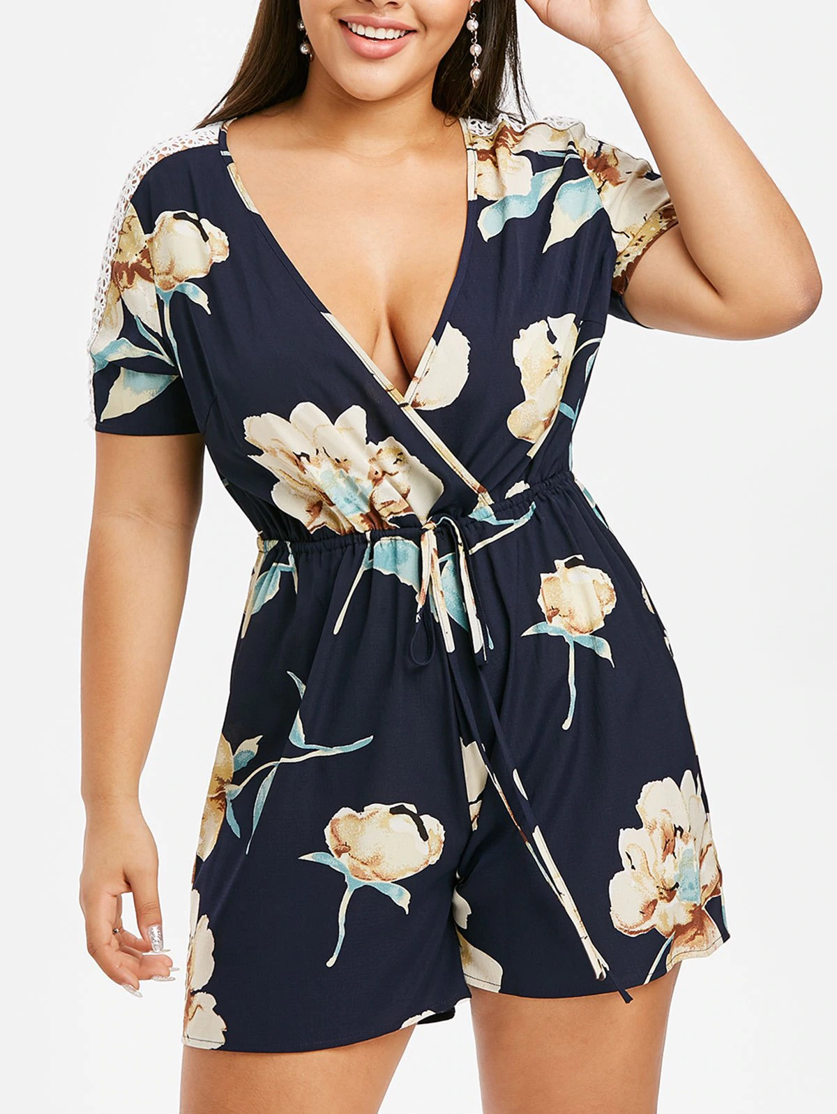 Plus Size Flower Crochet Insert Surplice Romper