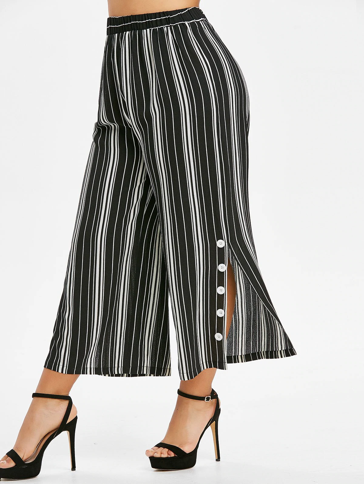 Plus Size Striped Buttoned Slit Wide Leg Pants