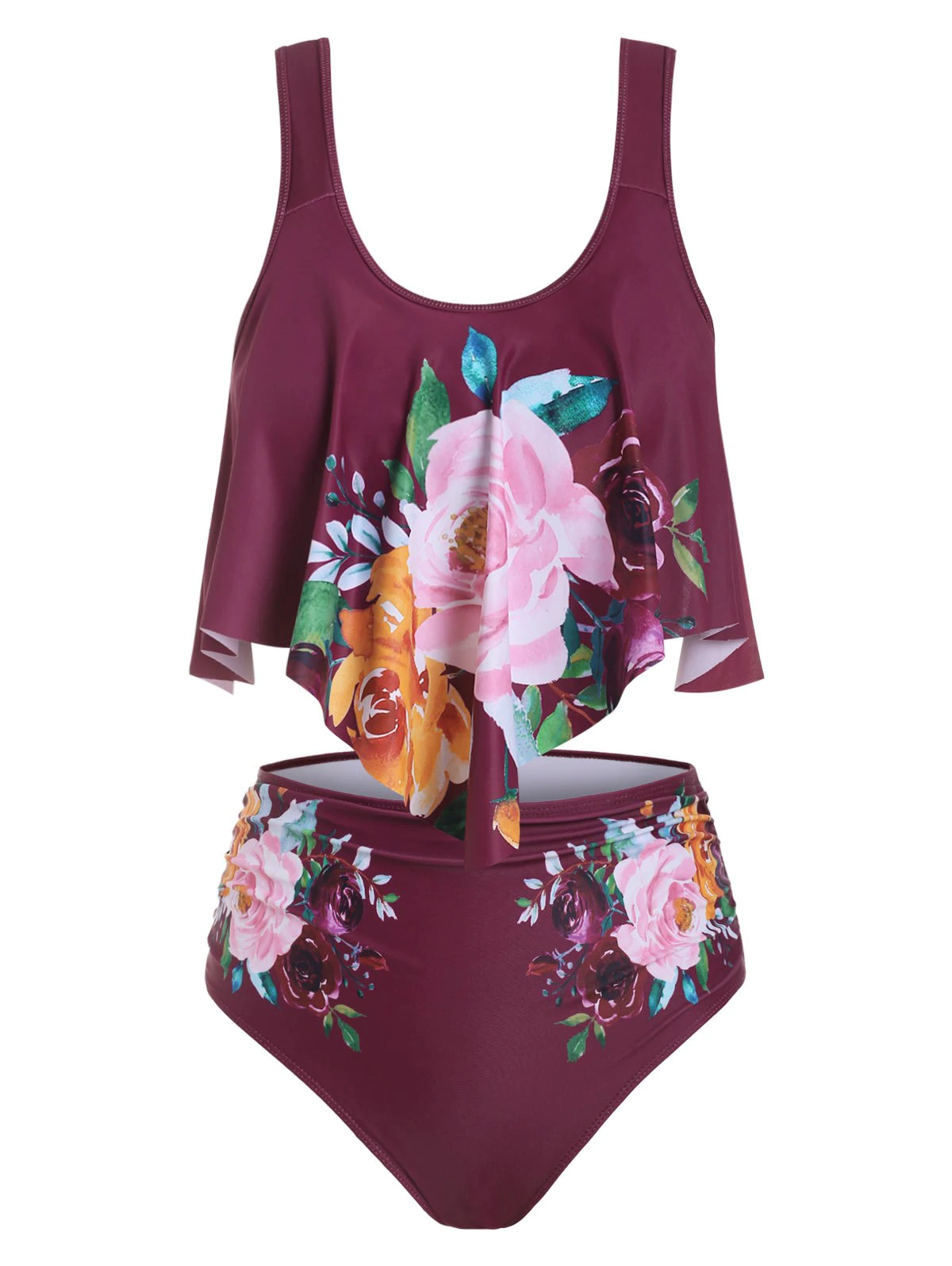 Floral Print Ruched Overlay Tankini Swimwear