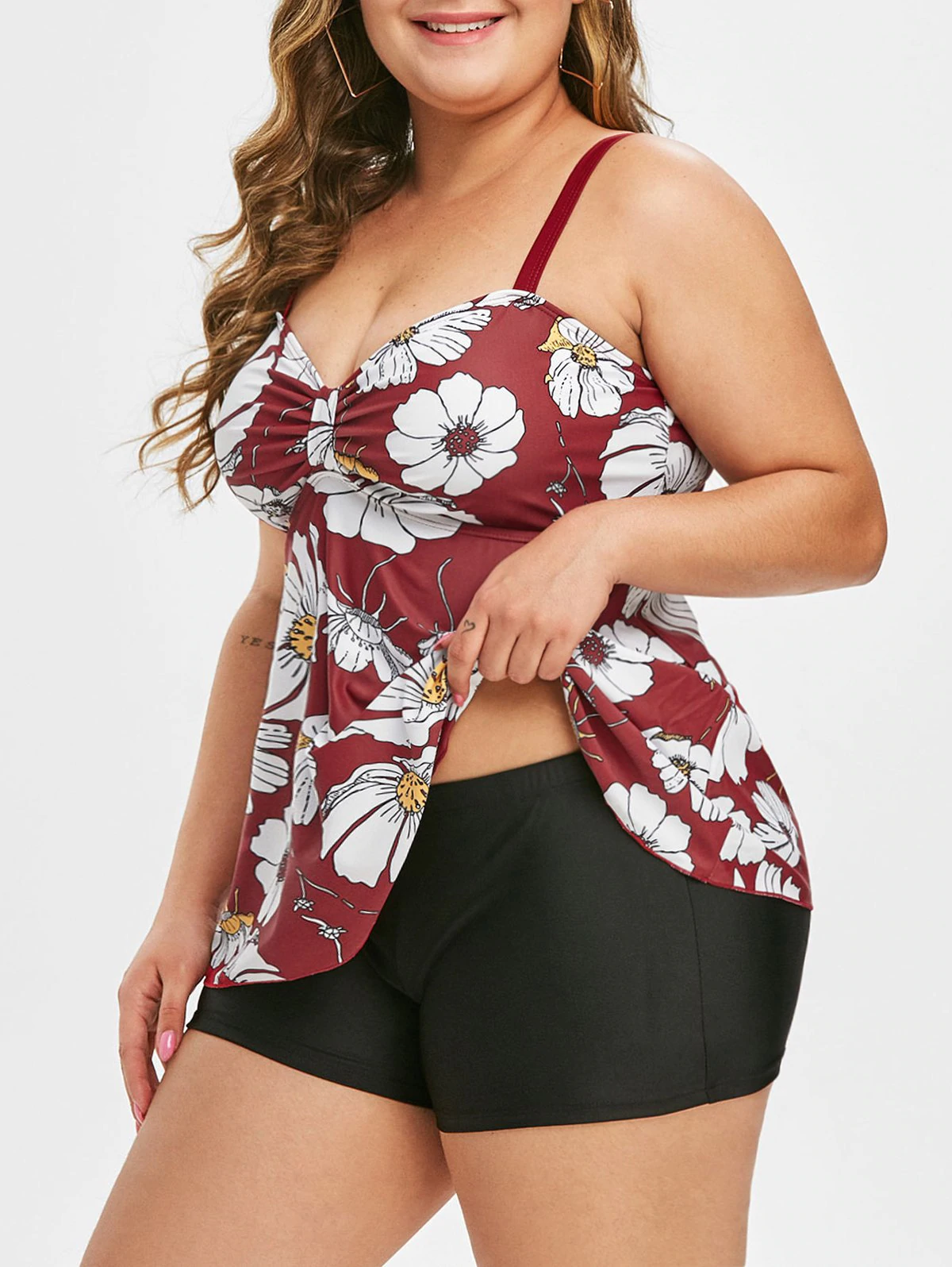 Floral Ruched Contrast Plus Size Tankini Swimsuit