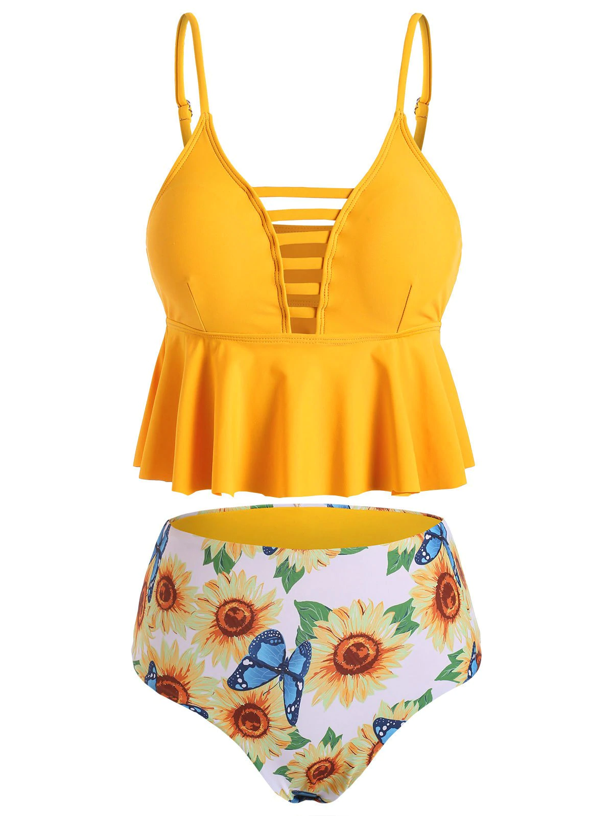 Ladder Cutout Sunflower Butterfly Peplum Tankini Set