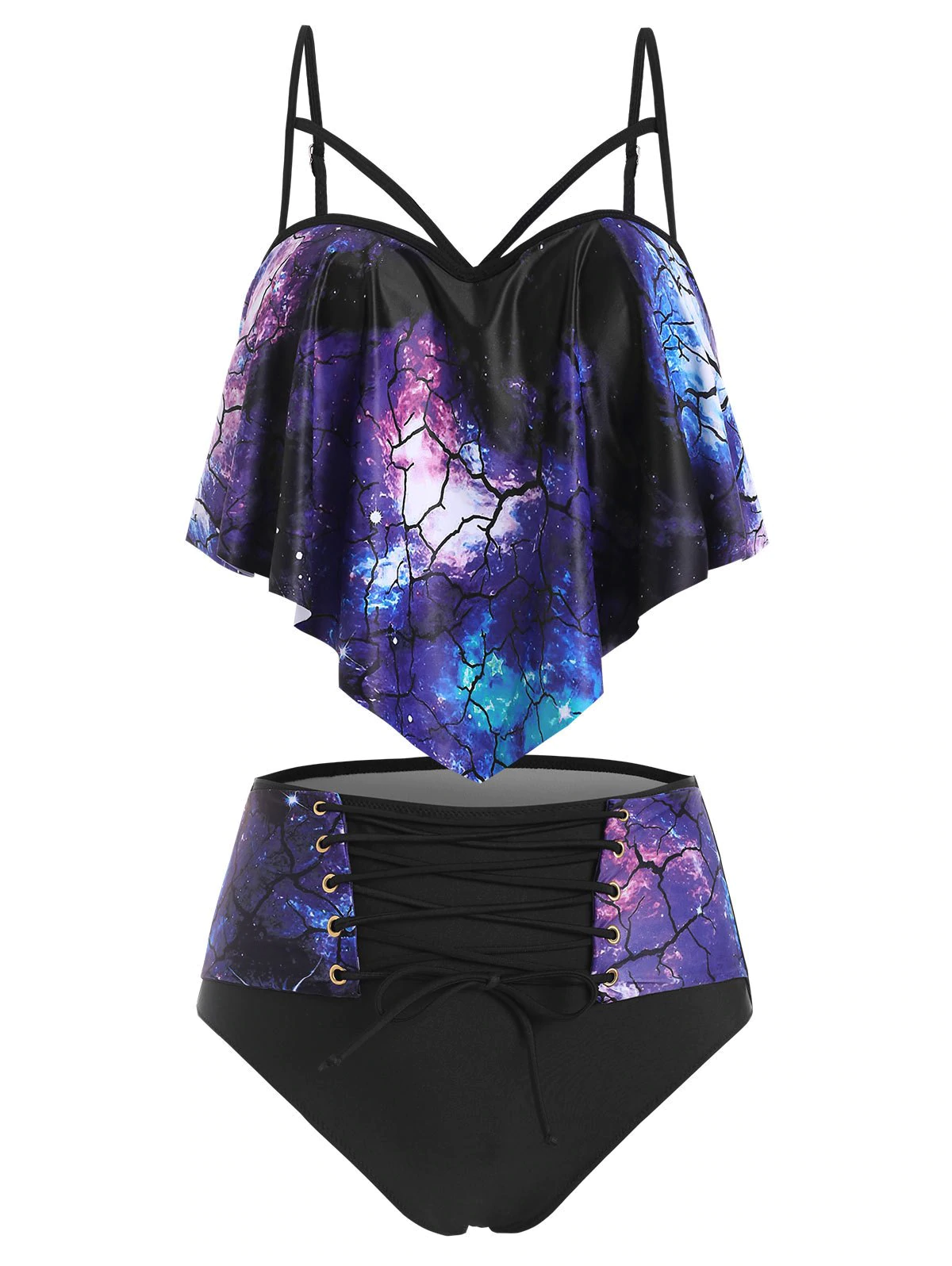 Flounce Push Up Lace-up Galaxy Print Tankini Swimwear