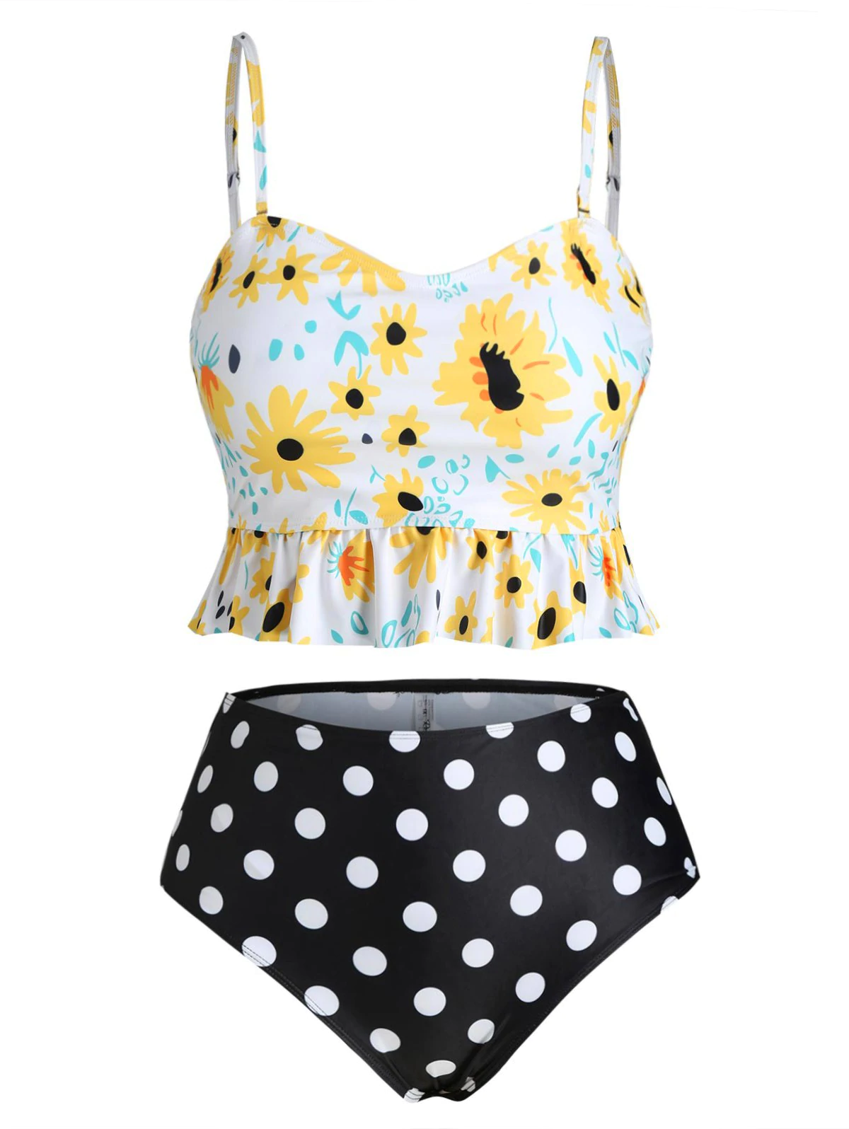 Floral Polka Dot Peplum Hem Plus Size Tankini Swimsuit