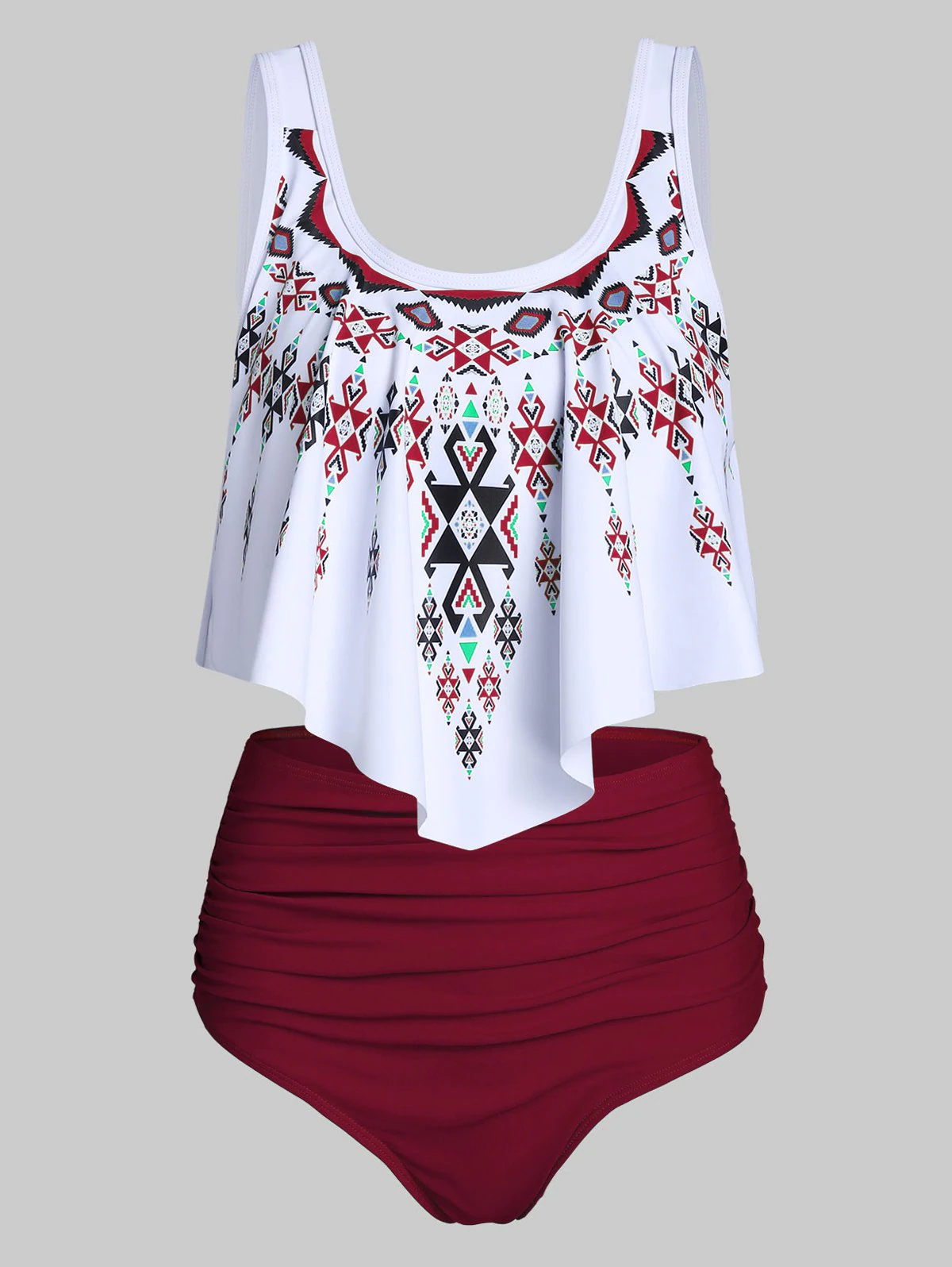 Ethnic Geometric Print High Waisted Asymmetrical Tankini Swimwea