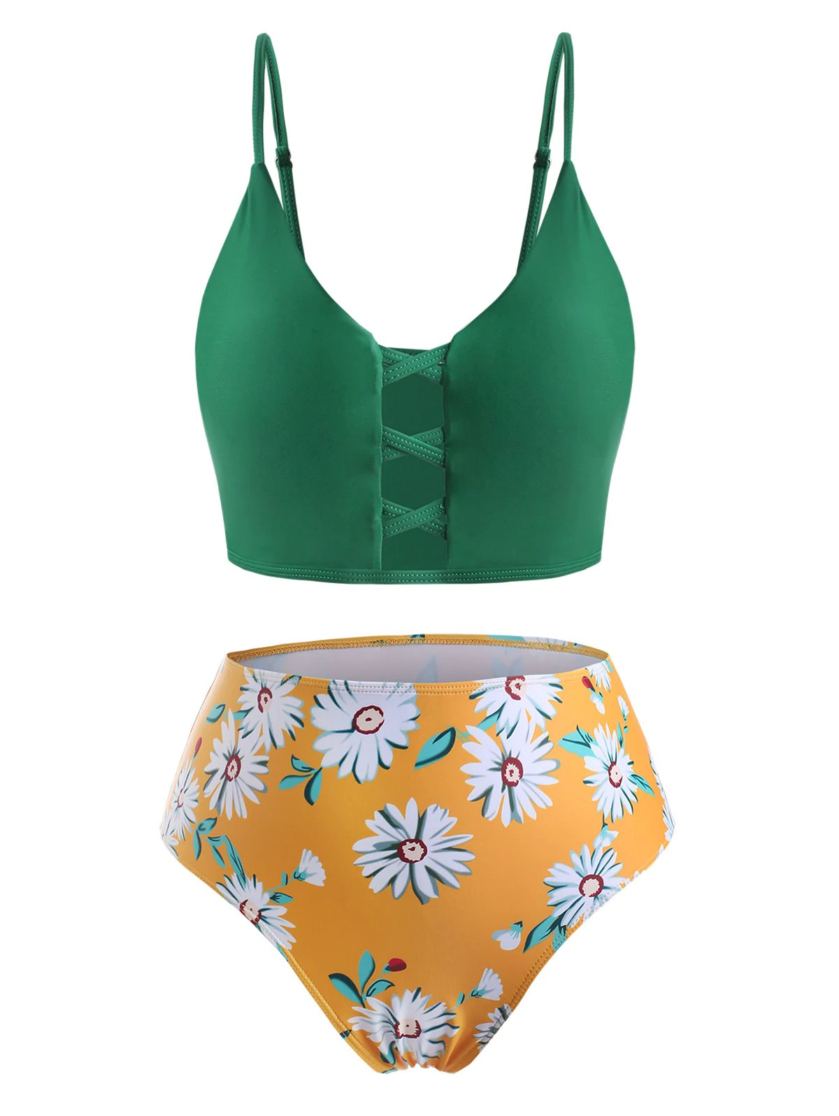 Plus Size Daisy Print Crisscross Tankini Swimwear