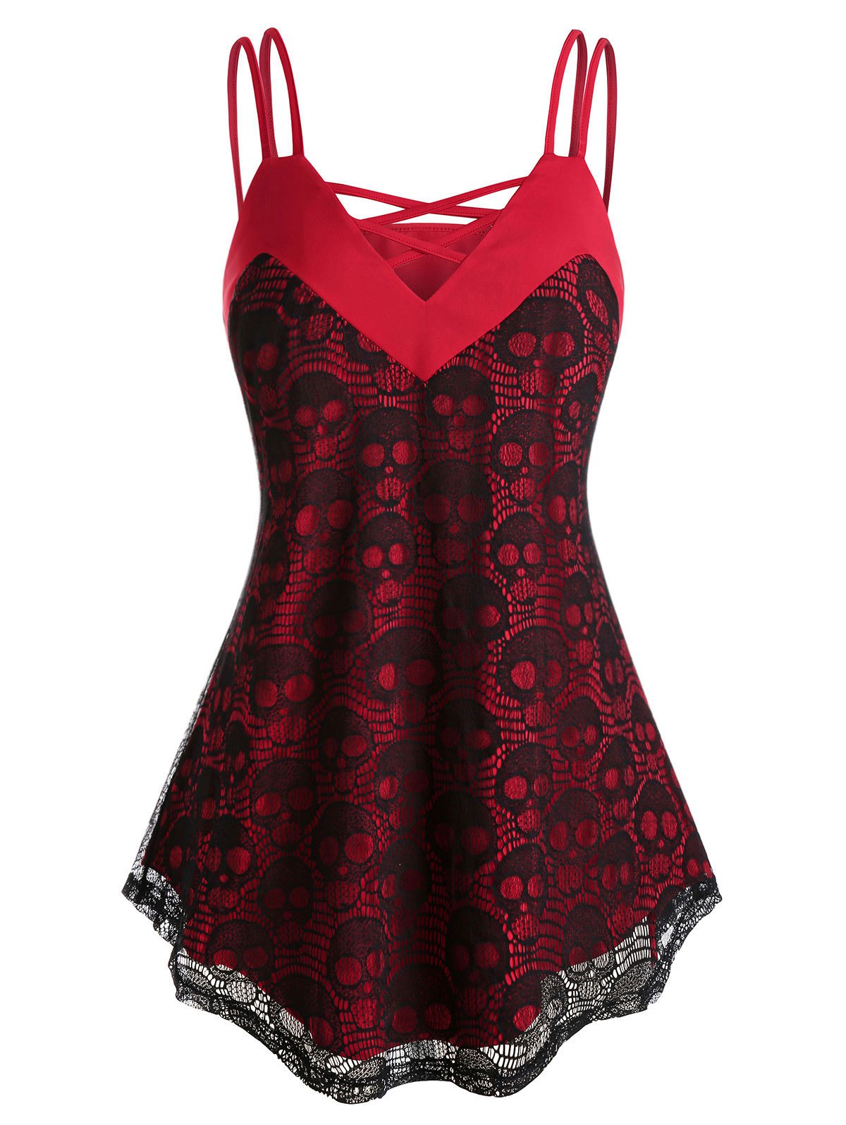 Plus Size Halloween Criss Cross Skull Lace Tank Top