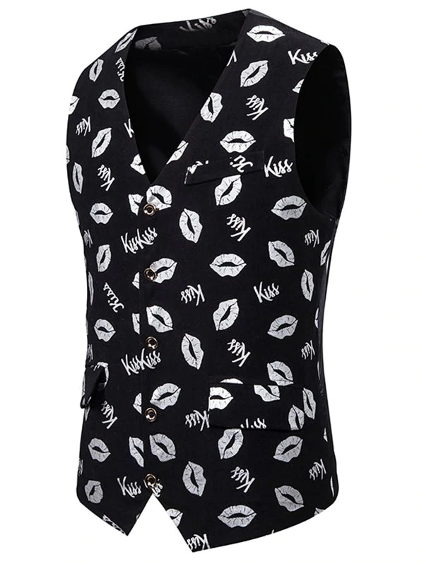 Gliding Kiss Lip Pattern Button Up Casual Vest