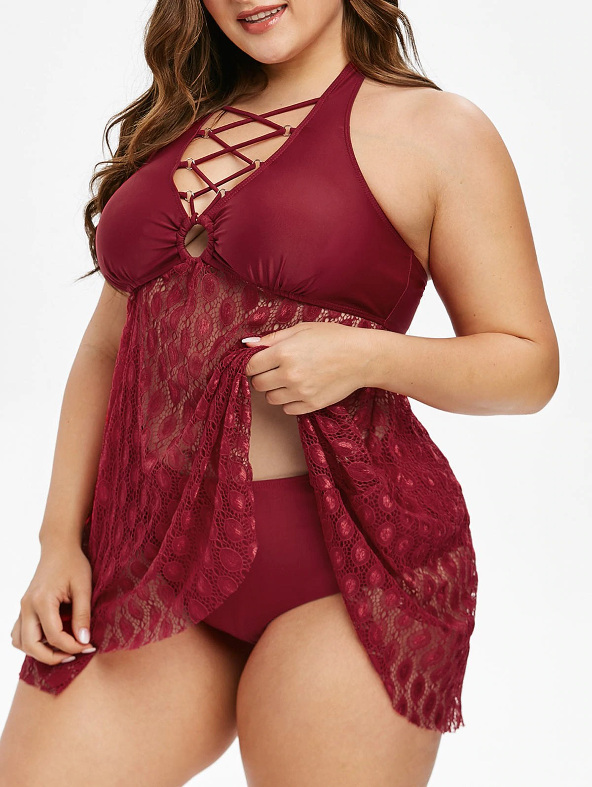 Plus Size Crisscross Lace Overlay Tankini Swimwear