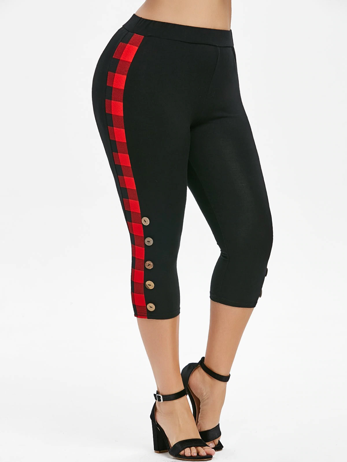 Plus Size Plaid Buttons Cropped Leggings