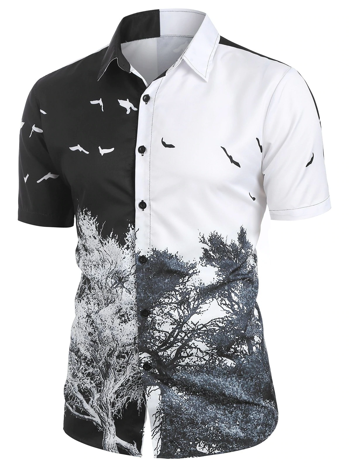 Tree and Bird Printed Button Up Shirt