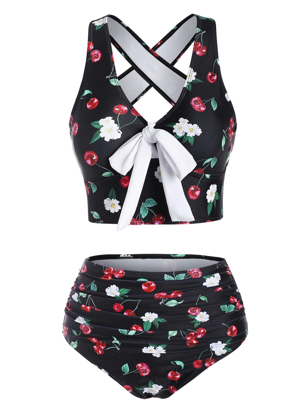 Flower Cherry Print Bowknot Crisscross Tummy Control Bikini Swim