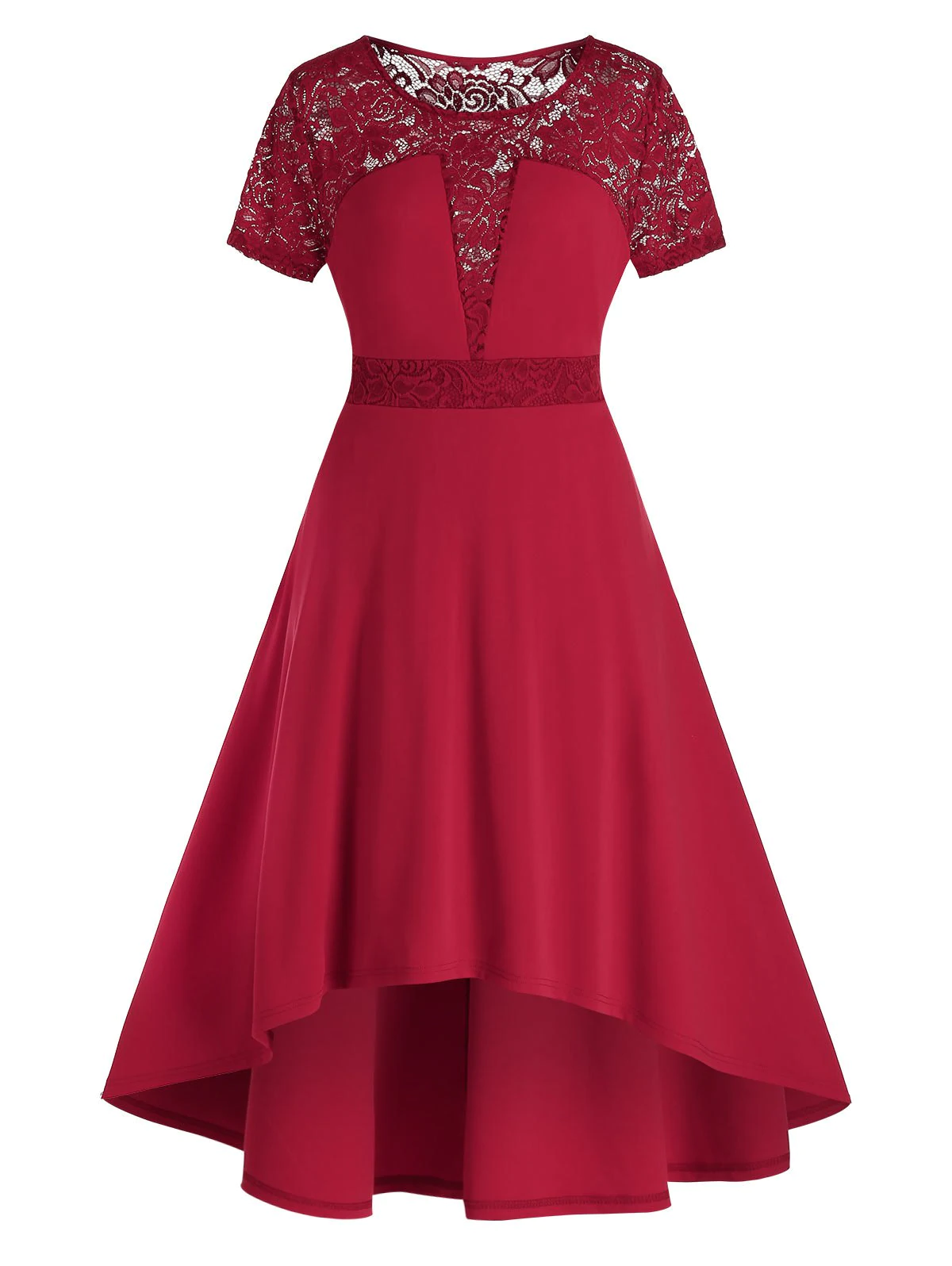 Plus Size Lace Panel Dip Hem Midi High Rise Dress