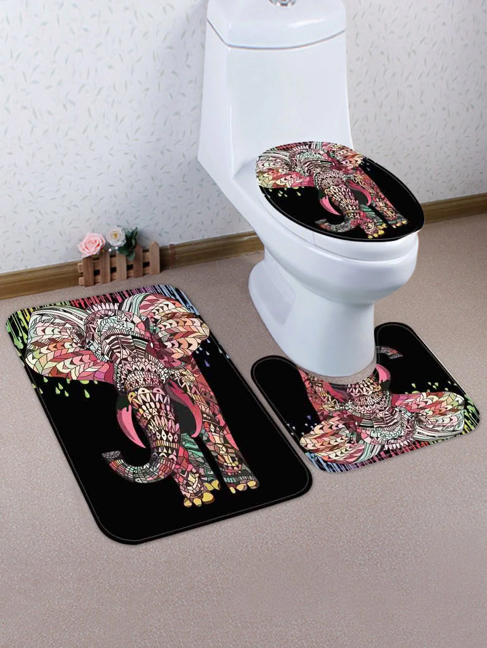 Elephant Pattern 3 Pcs Bathroom Toilet Mat