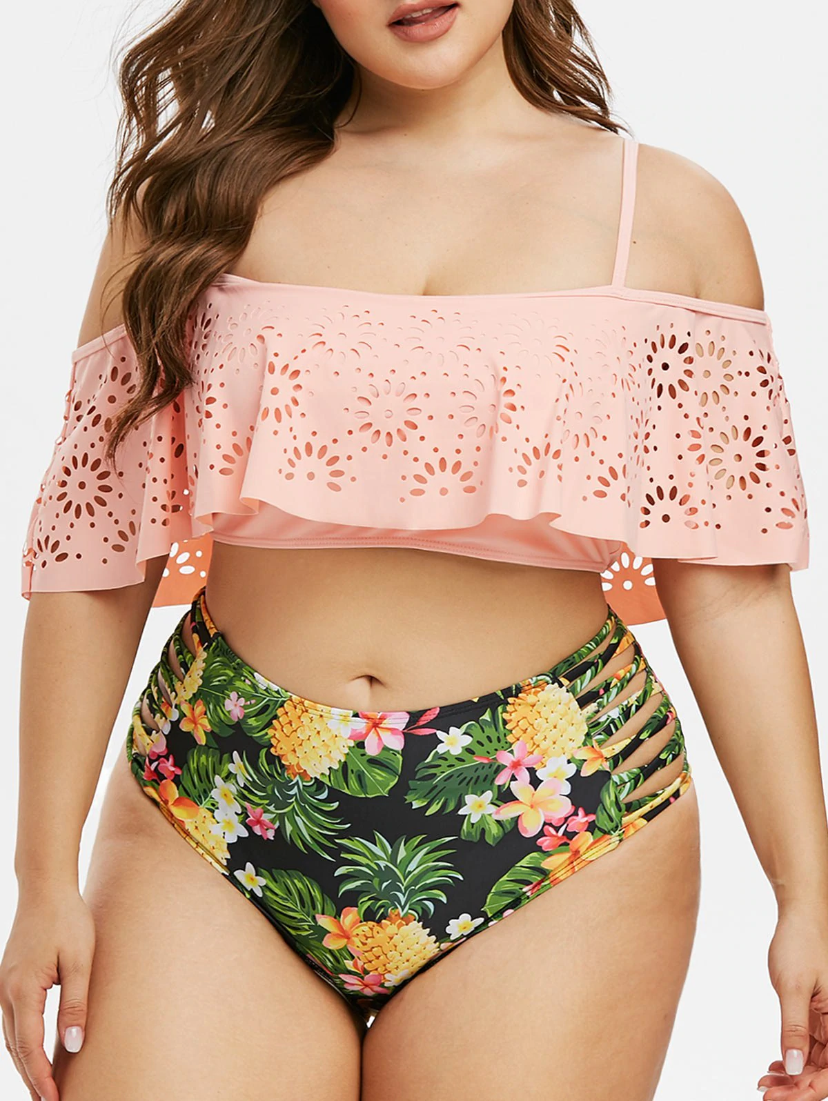 Plus Size Laser Cut Sunflower Print Two Piece Swimwear