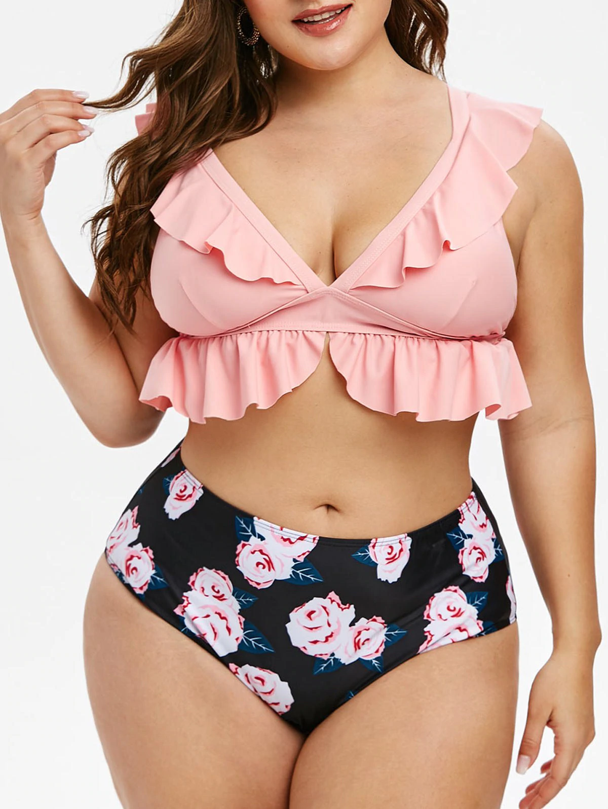 Plus Size Low Cut Ruffled Floral Print Tankini Swimwear