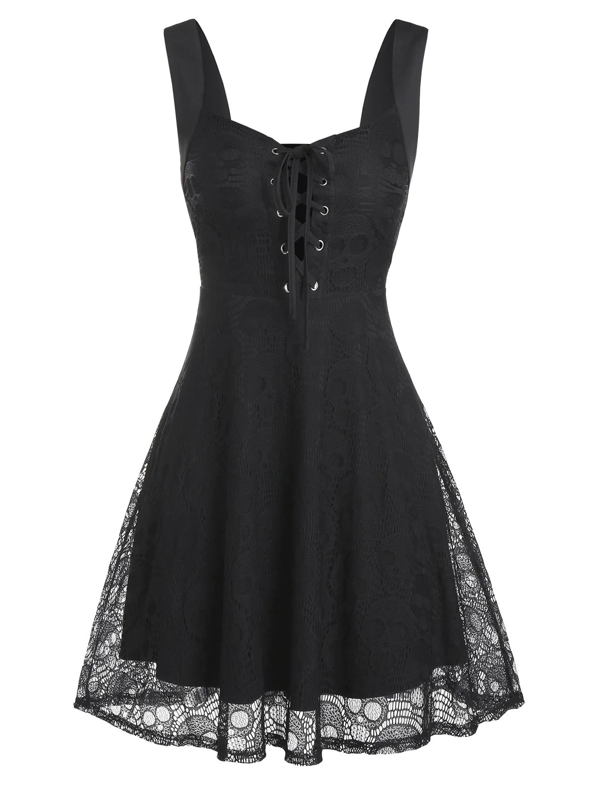 Sleeveless Lace-up Skull Lace Dress