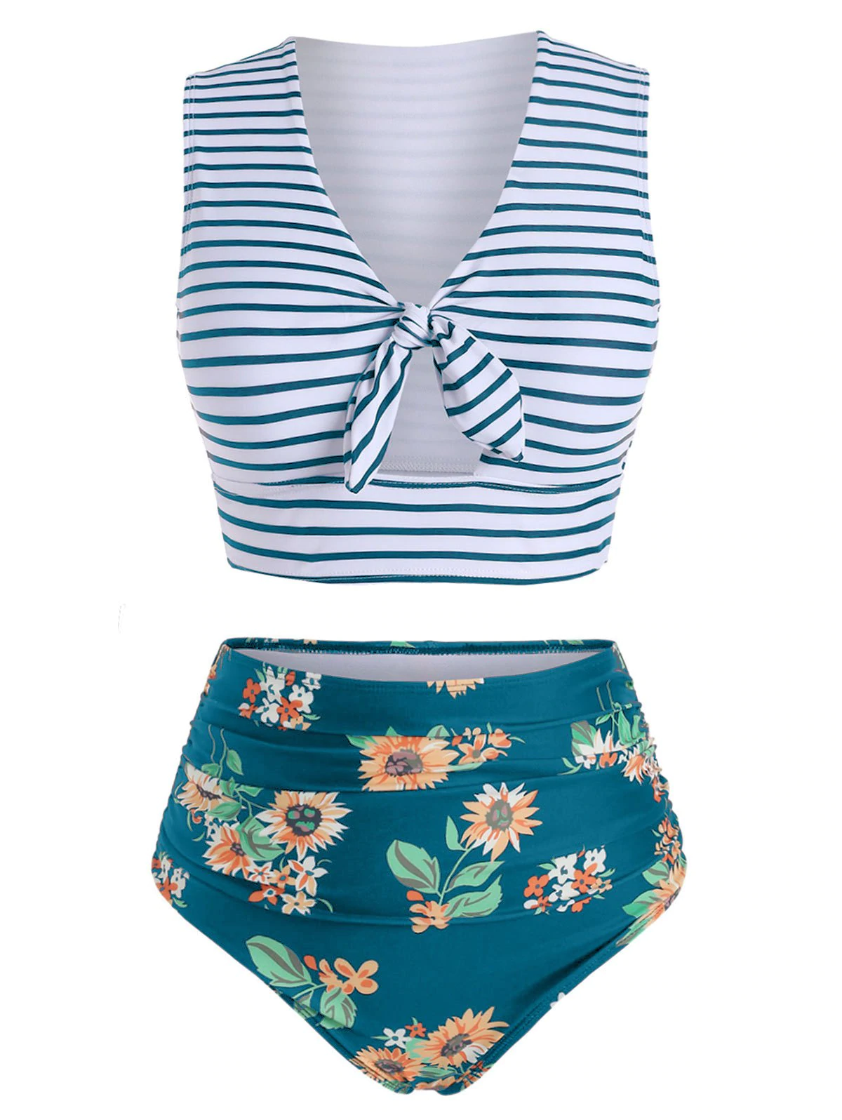 Striped Floral Knotted Two Piece Swimsuit