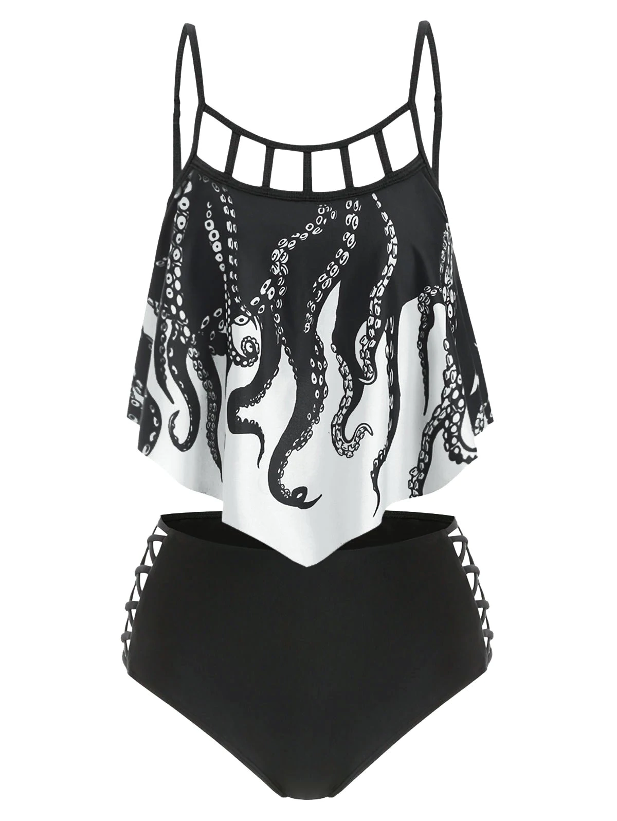 Octopus Print Flounce Lattice Crisscross Tankini Swimwear