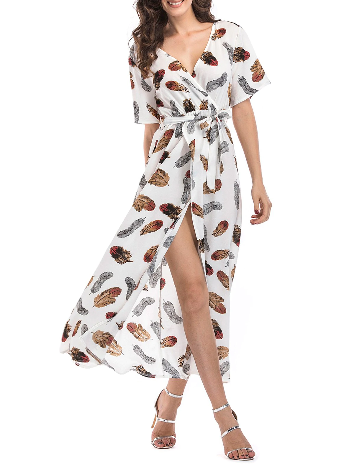 Feather Print Belted Surplice Slit Dress