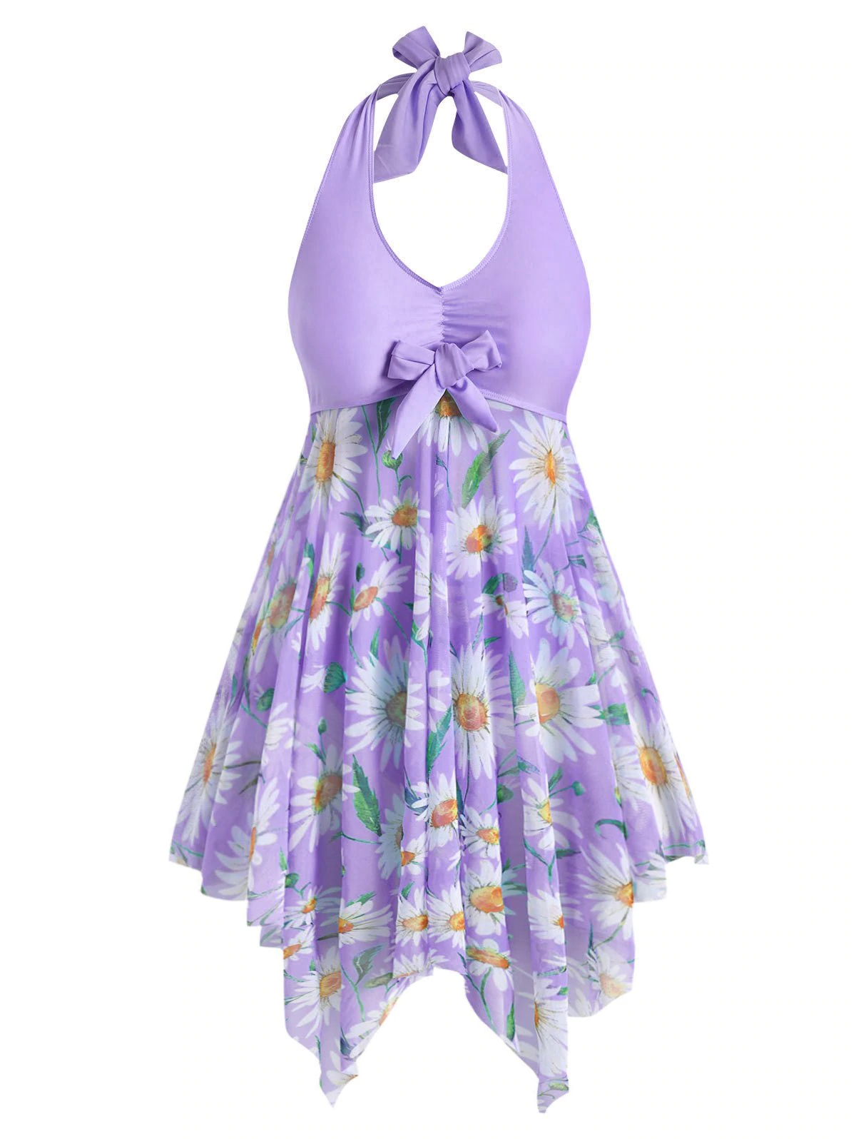 Plus Size Halter Sunflower Print Handkerchief Tankini Swimsuit