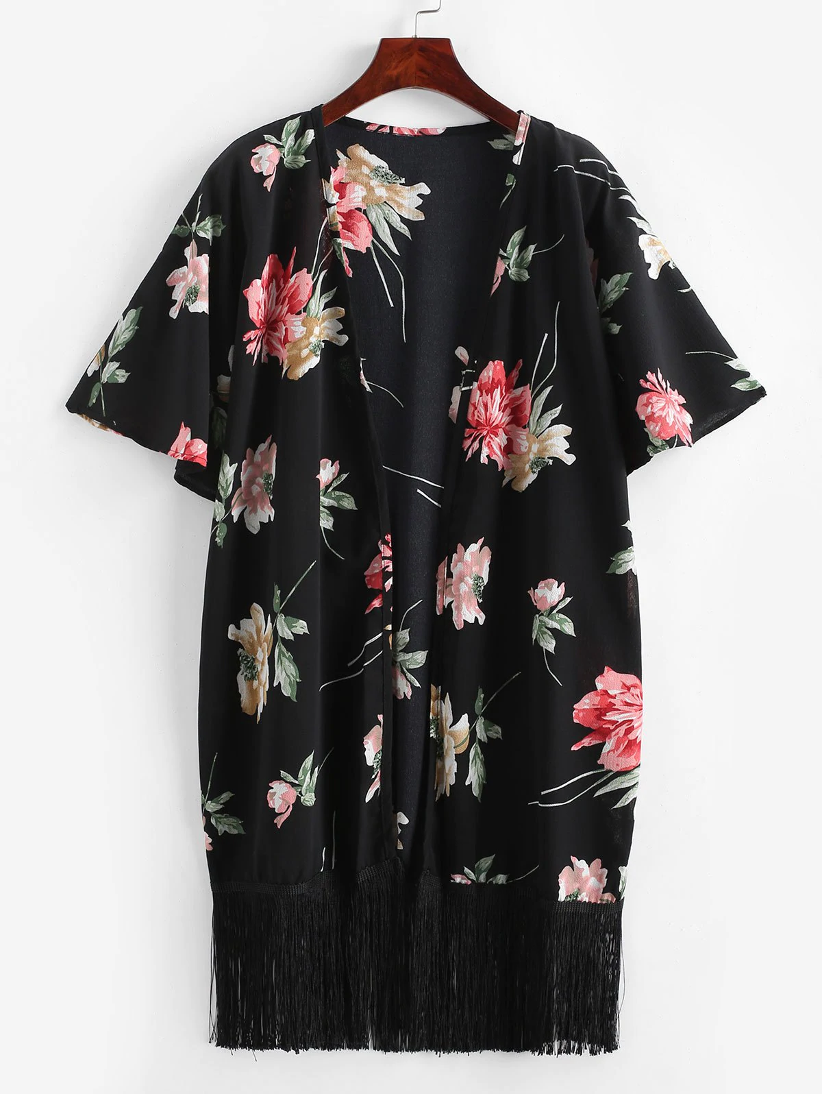 Textured Fringed Floral Kimono