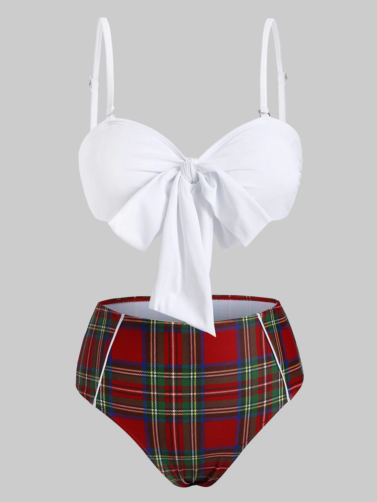 Knot Piping Plaid Bandeau Bikini Swimwear