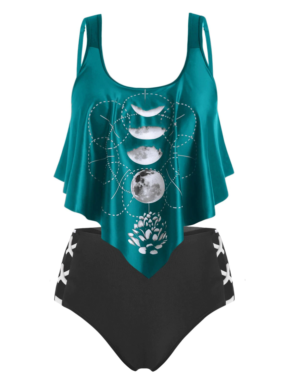 Plus Size Moon Phase Print Ruffled Tankini Swimwear