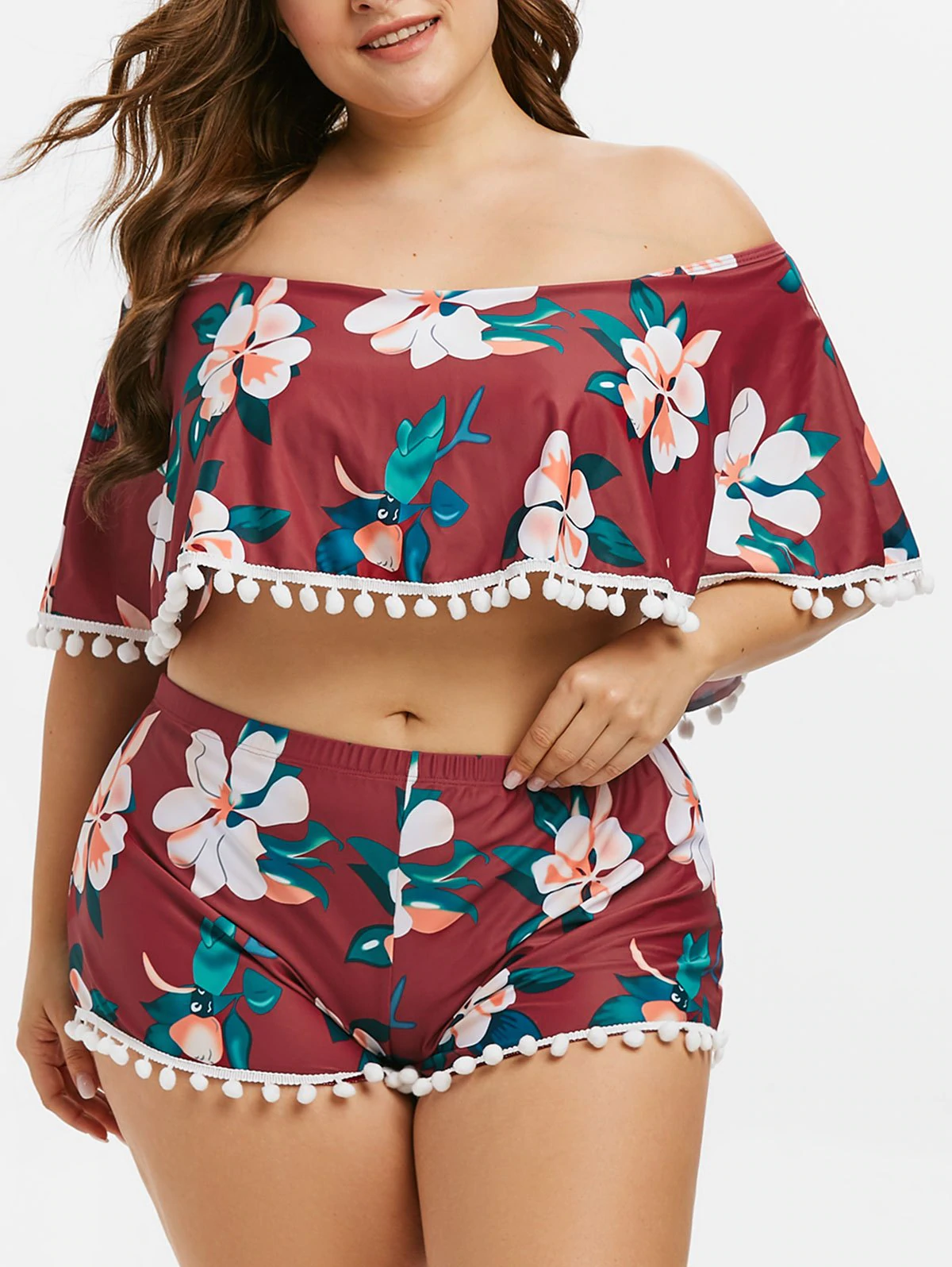 Plus Size Floral Pattern Off Shoulder Tankini Swimsuit