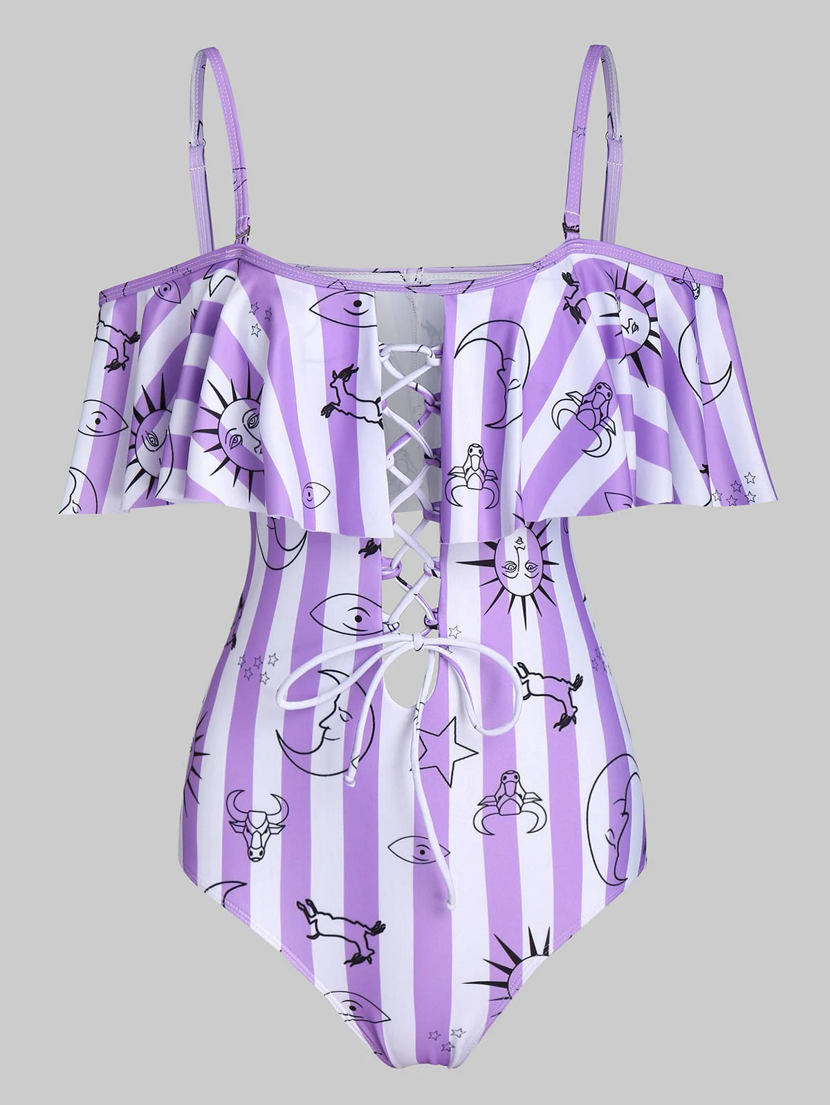 Sun Moon Star Striped Print Padded One-piece Swimwear