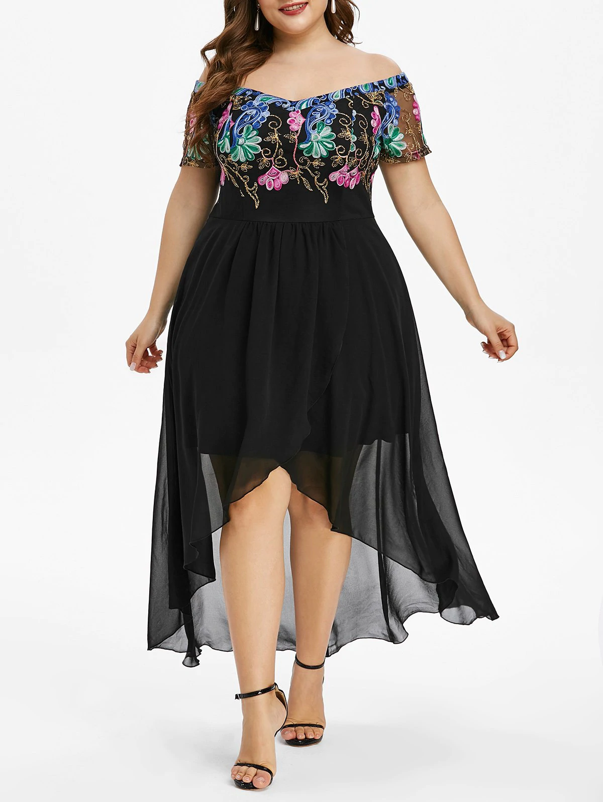 Plus Size Off The Shoulder Embroidered High Low Party Dress