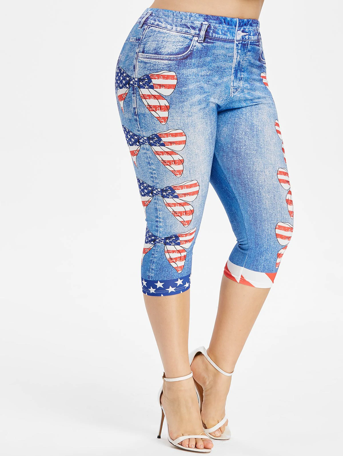 Plus Size American Flag Bowknot 3D Print Capri Leggings