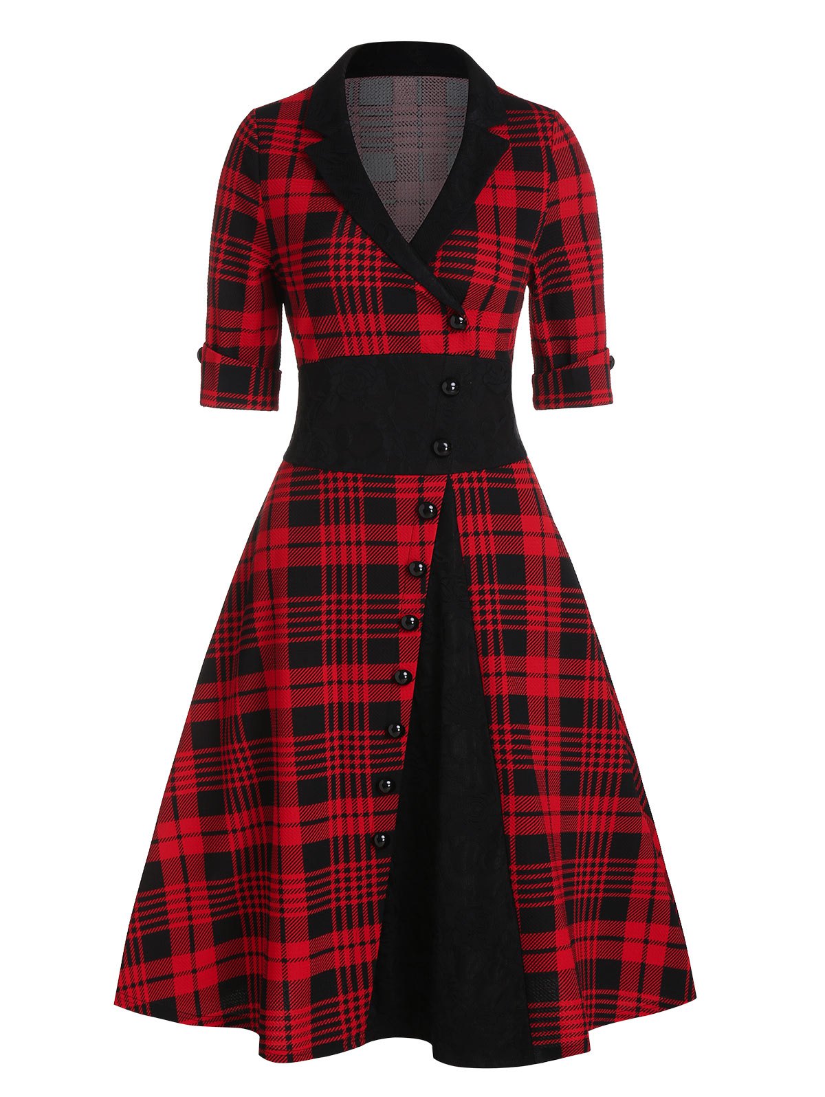 Plaid Print Mock Button Vintage Flare Dress