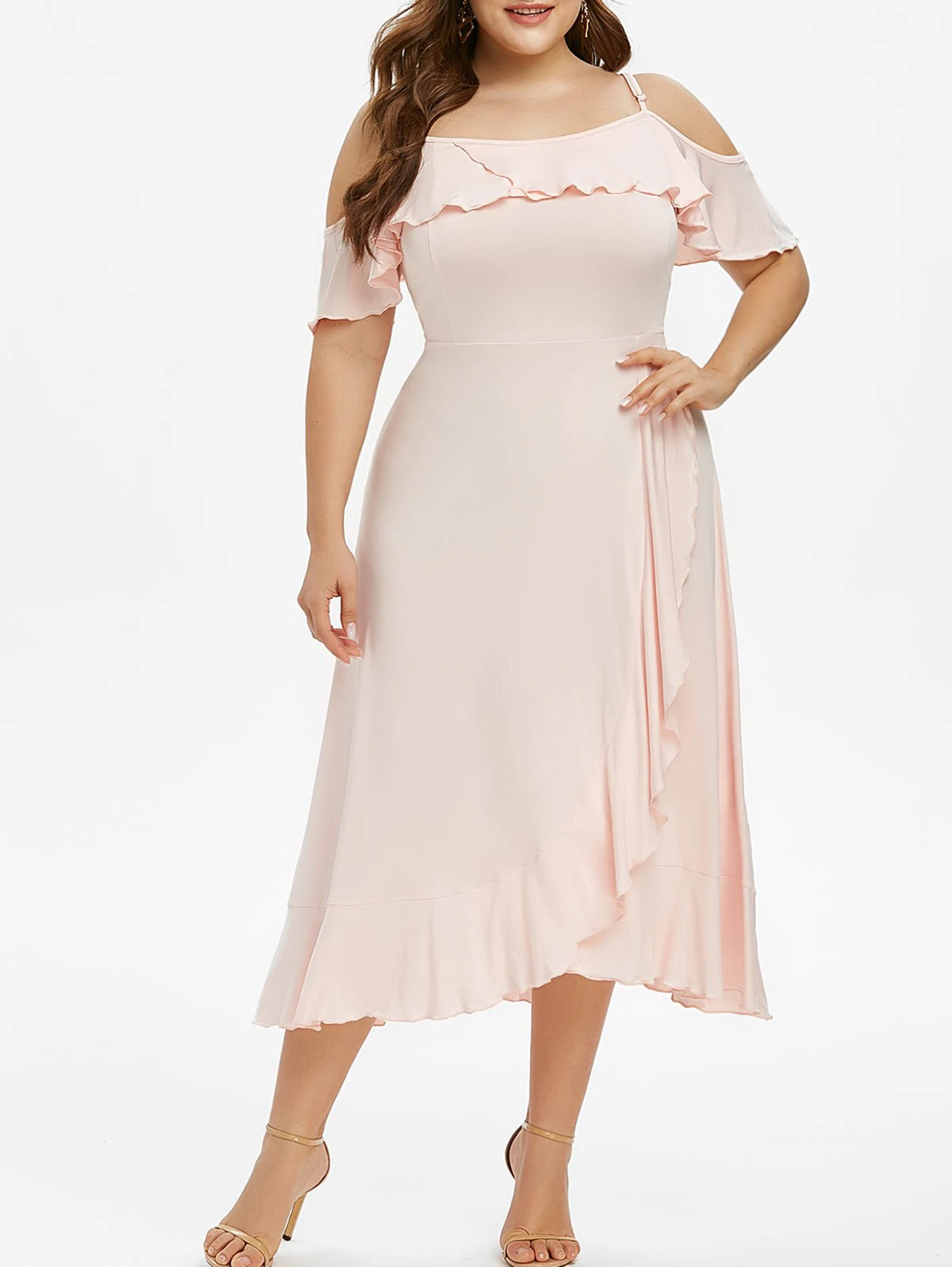 Plus Size Flounce Open Shoulder Midi Prom Dress