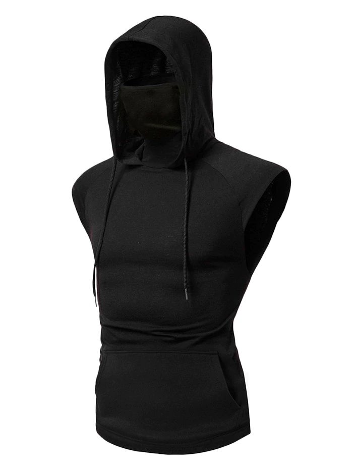 Bandana Mask Front Pocket Hooded Drawstring Tank Top