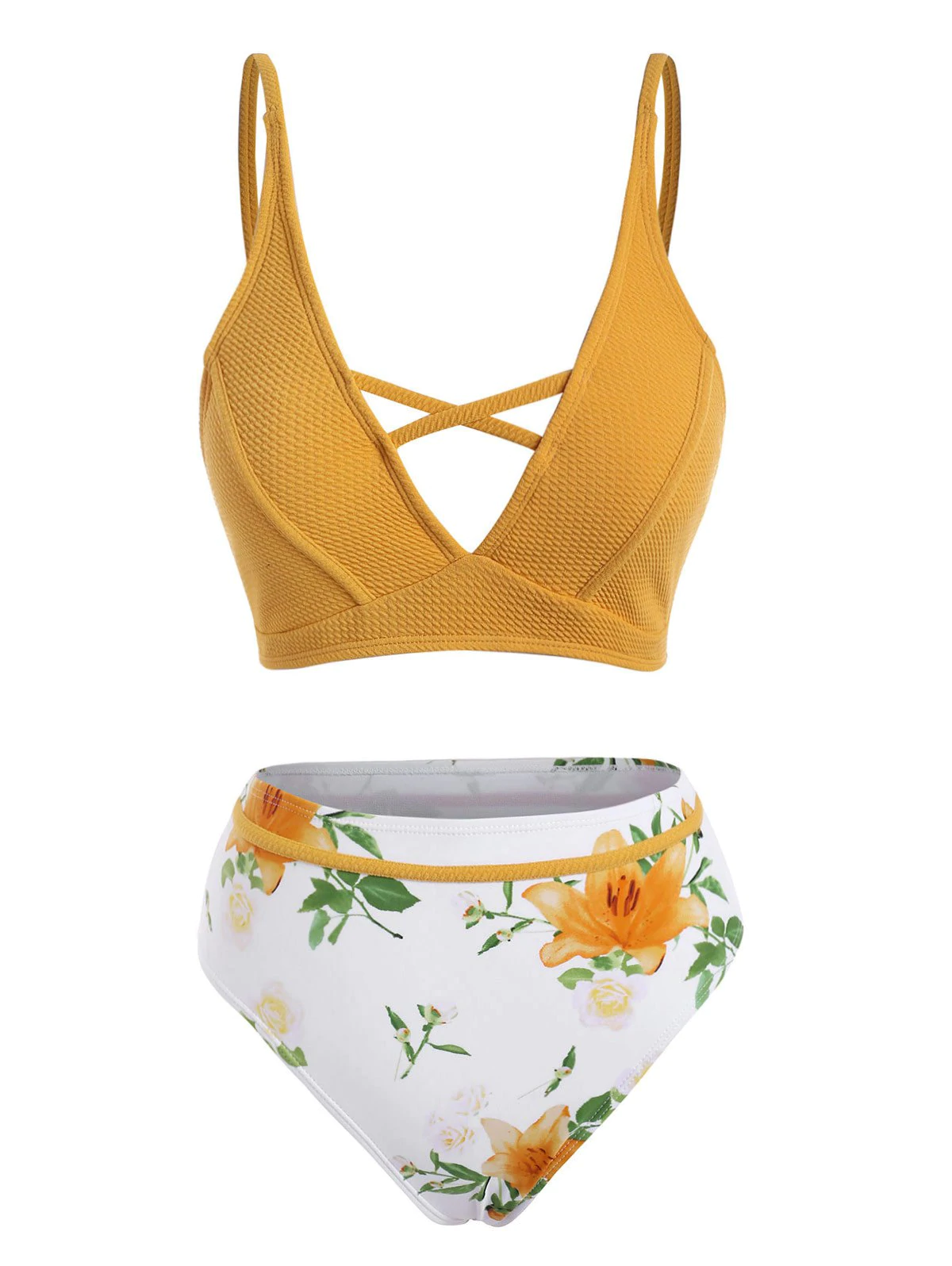 Flower Print Textured Criss Cross Bikini Swimwear